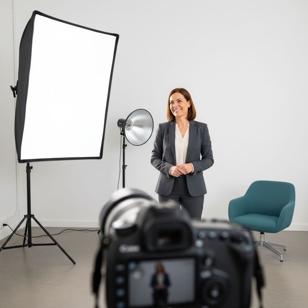 A professional headshot being taken in a modern studio with soft lighting.