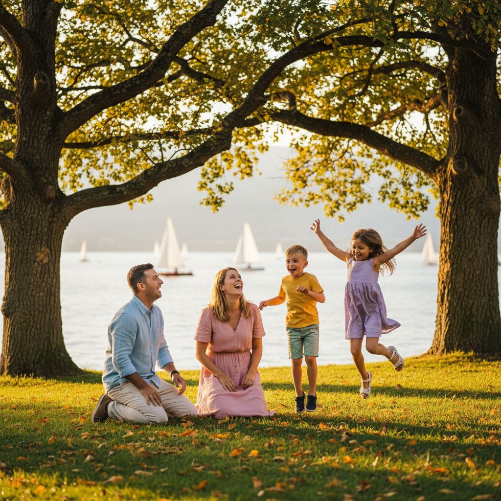 A candid moment of a family laughing during a photoshoot in a Lausanne park.