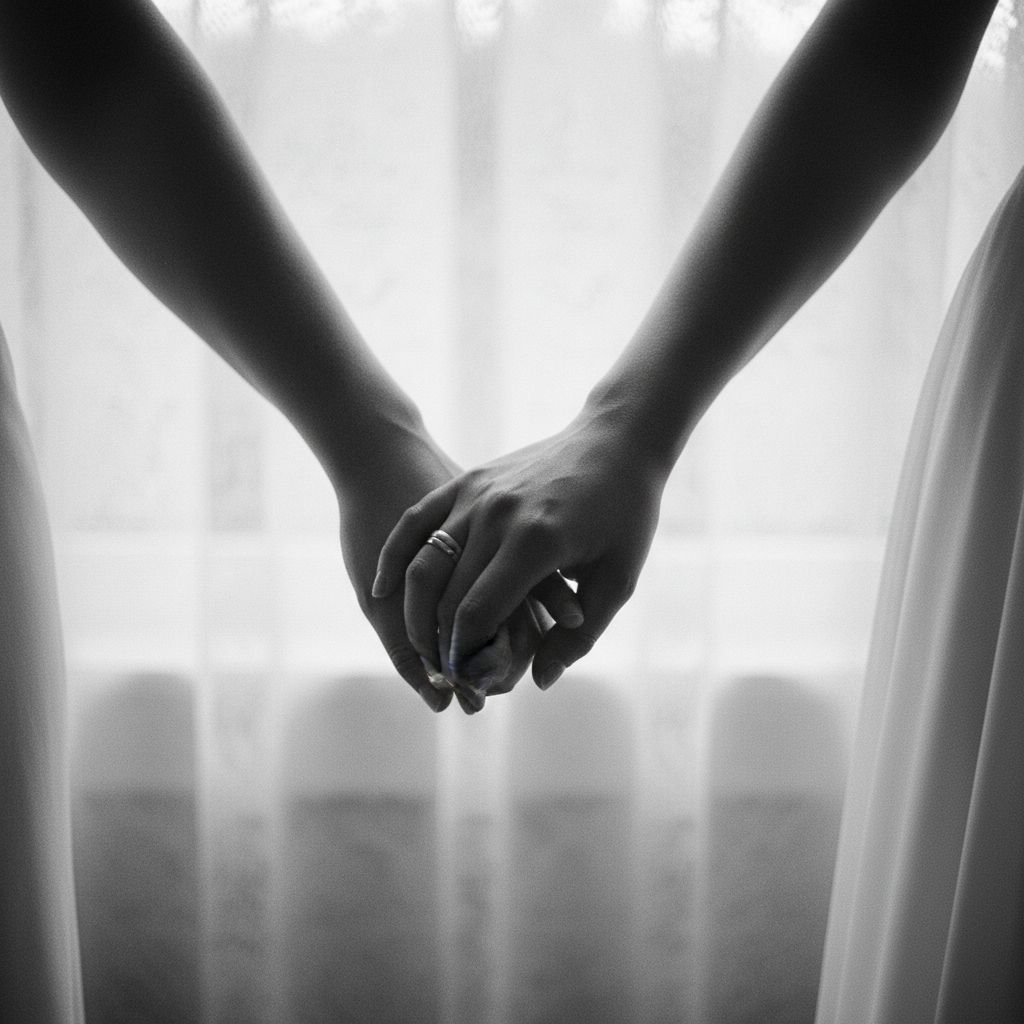Une photo en noir et blanc d'un couple se tenant la main pendant leur mariage, capturant une émotion intime et authentique.