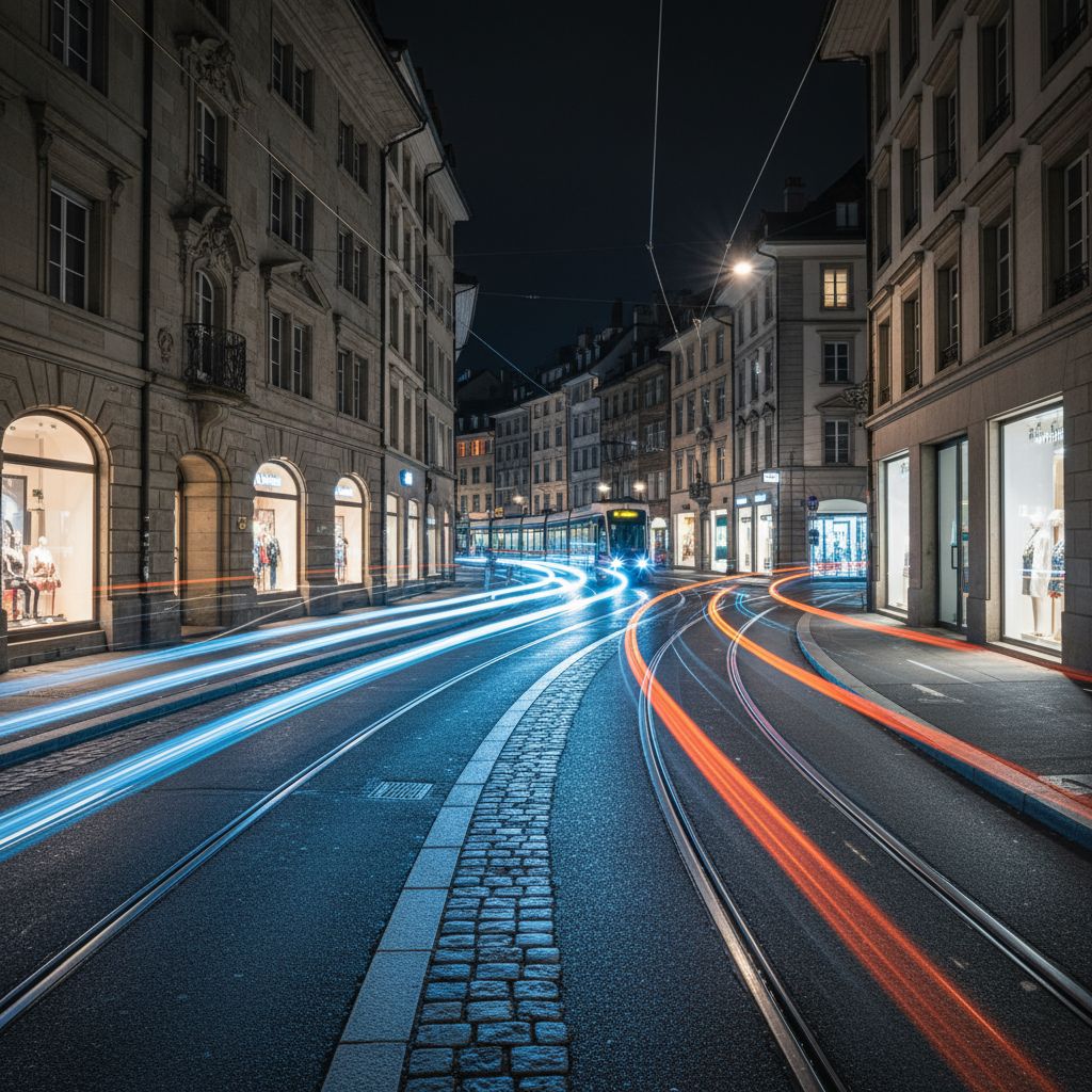Une traînée lumineuse dans un décor urbain suisse de nuit, une photo créative qui évoque le mouvement et le potentiel viral.