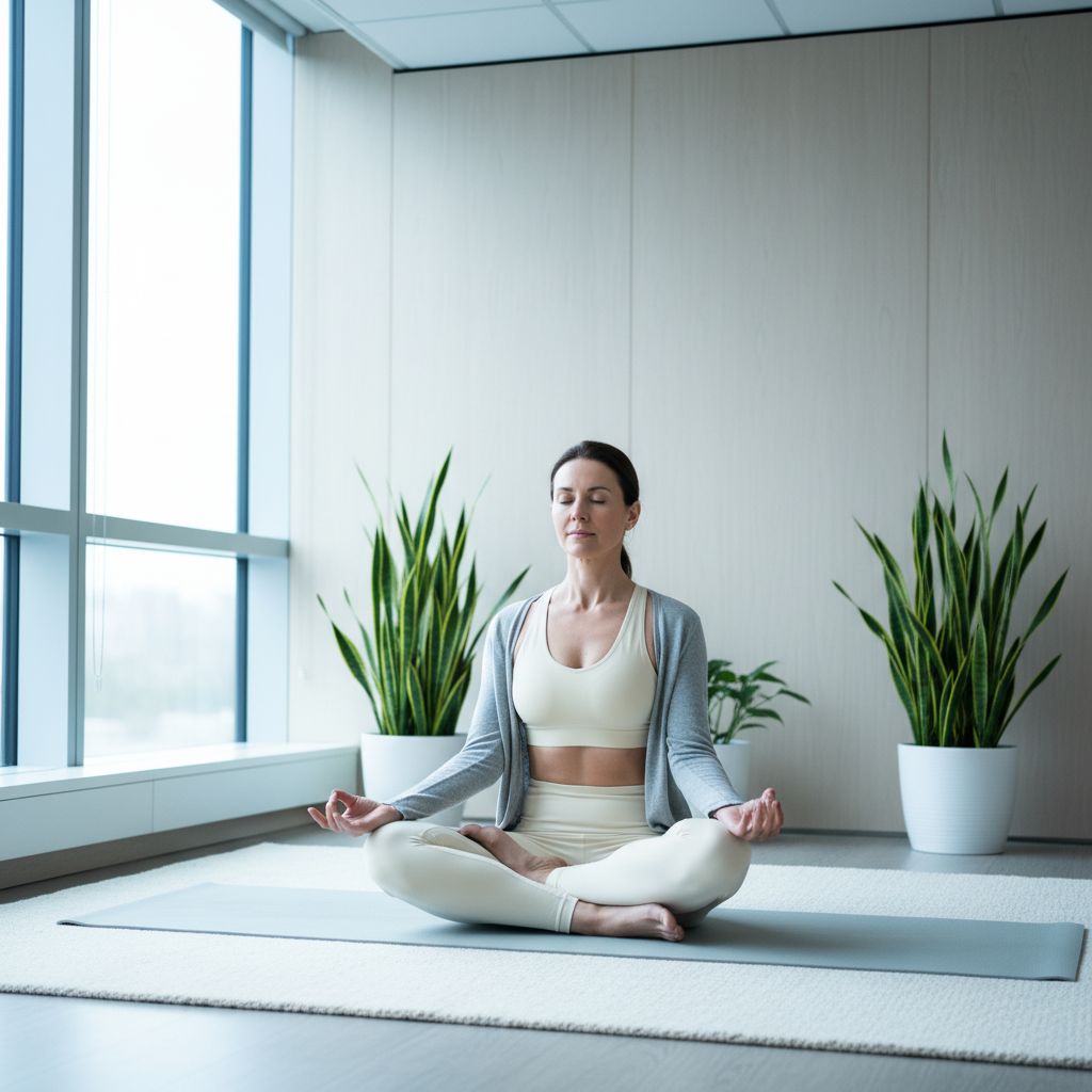 Une femme assise en position de méditation, sereine, avec des symboles de flux d'énergie autour d'elle, représentant le calme et l'équilibre intérieur.