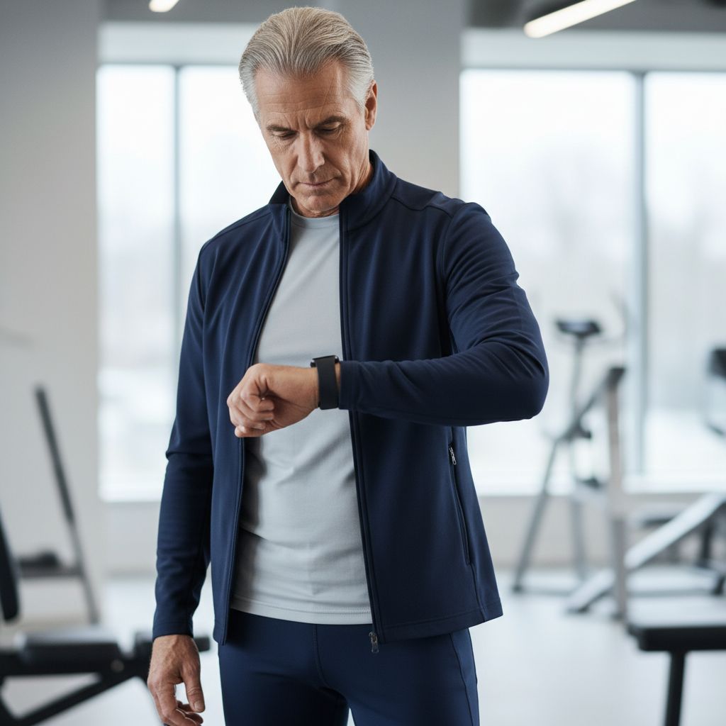 Un senior qui a l'air d'être un pro, en train de checker sa montre connectée juste après son entraînement.