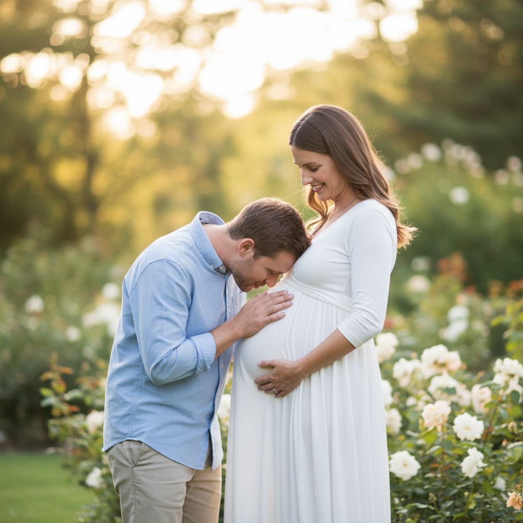 Un couple pendant une séance maternité en extérieur. Le partenaire embrasse doucement le ventre de sa compagne, tous deux souriant.