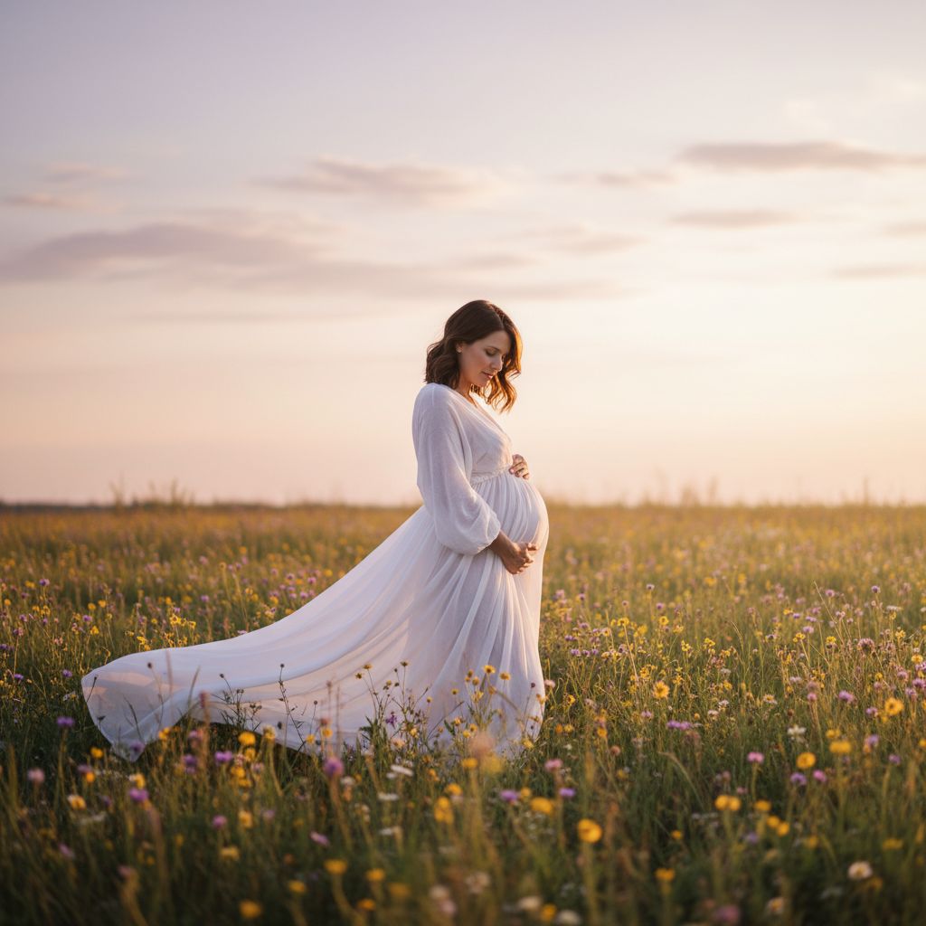 Une femme enceinte dans une robe fluide, debout dans un champ de fleurs sauvages au coucher du soleil, regardant doucement son ventre.