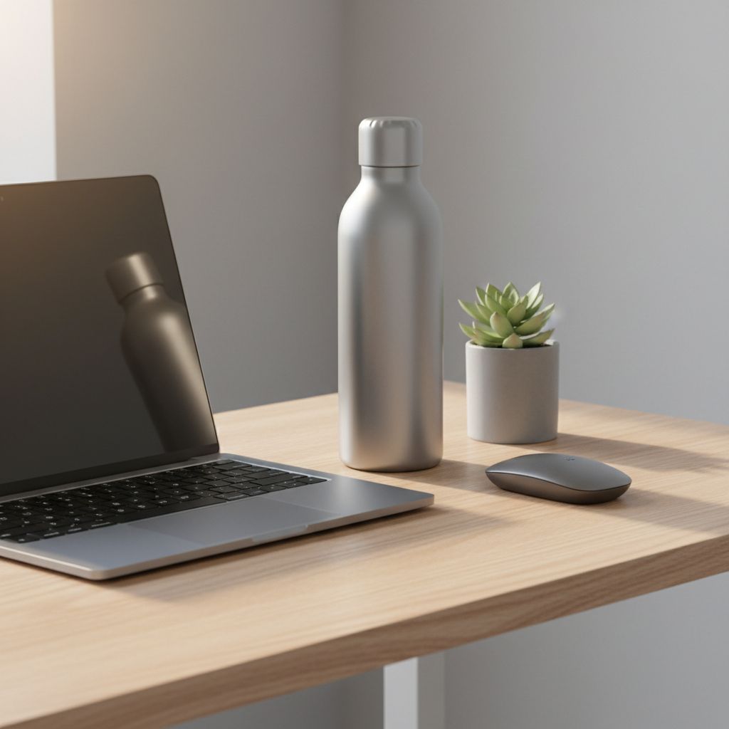 Une gourde d'eau design posée sur un bureau de travail moderne et épuré, à côté d'un ordinateur portable.
