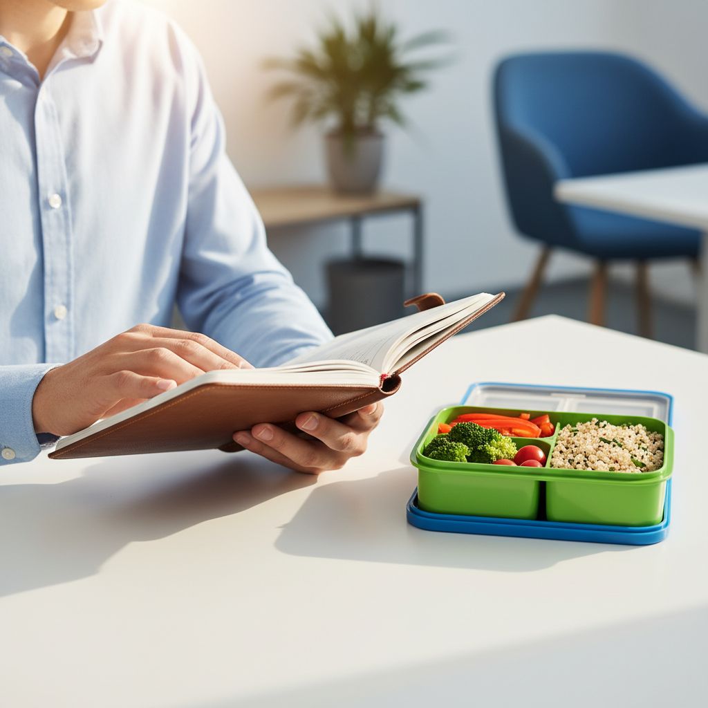 Un professionnel occupé regardant son agenda tout en ayant près de lui une lunch box saine et colorée.