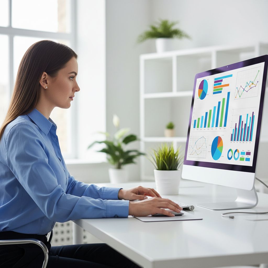 A professional image showing a person at a desk looking at a computer screen with interconnected charts and graphs, representing an SEO dashboard.