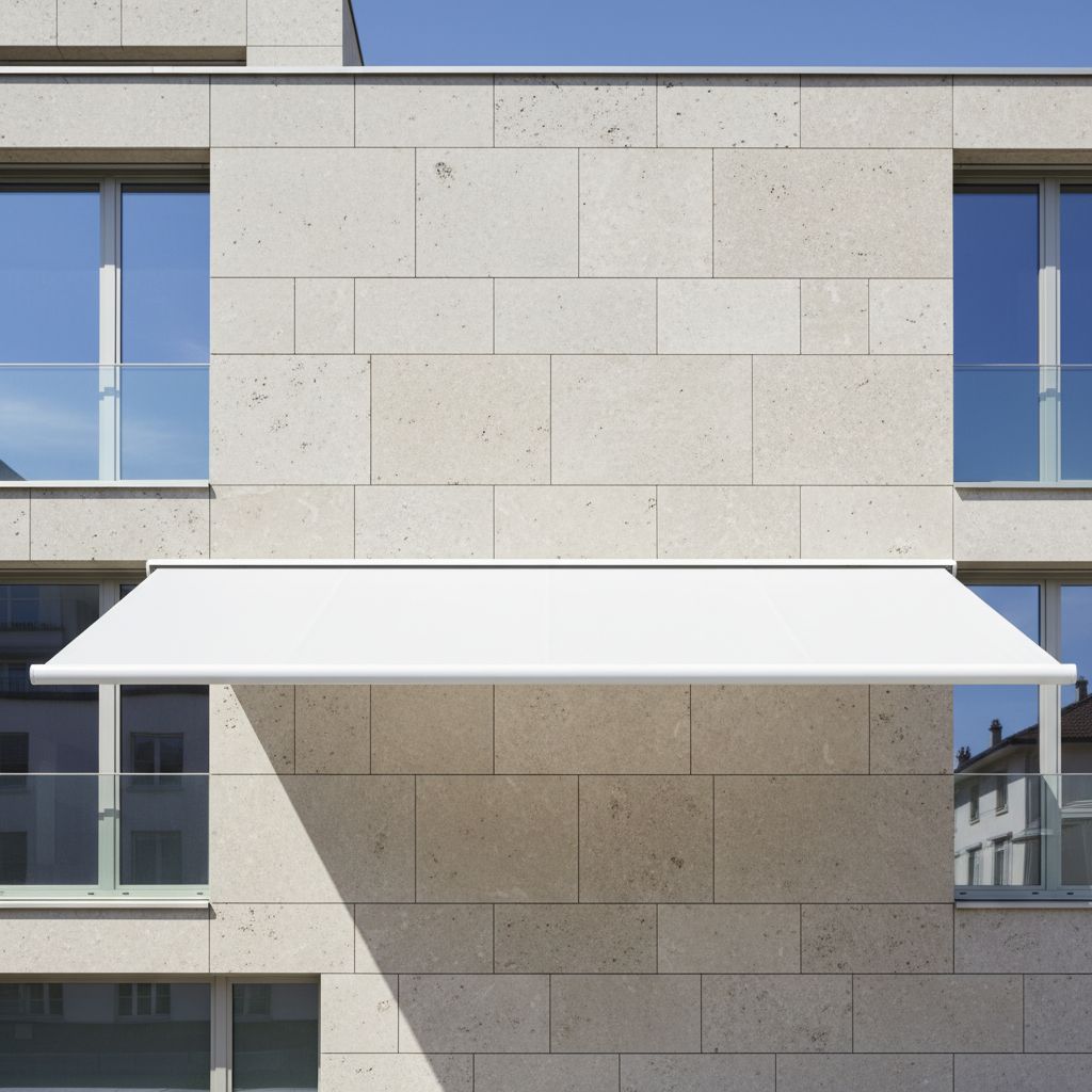 Vue d'un store électrique moderne installé sur la façade d'un immeuble à Carouge, Genève.