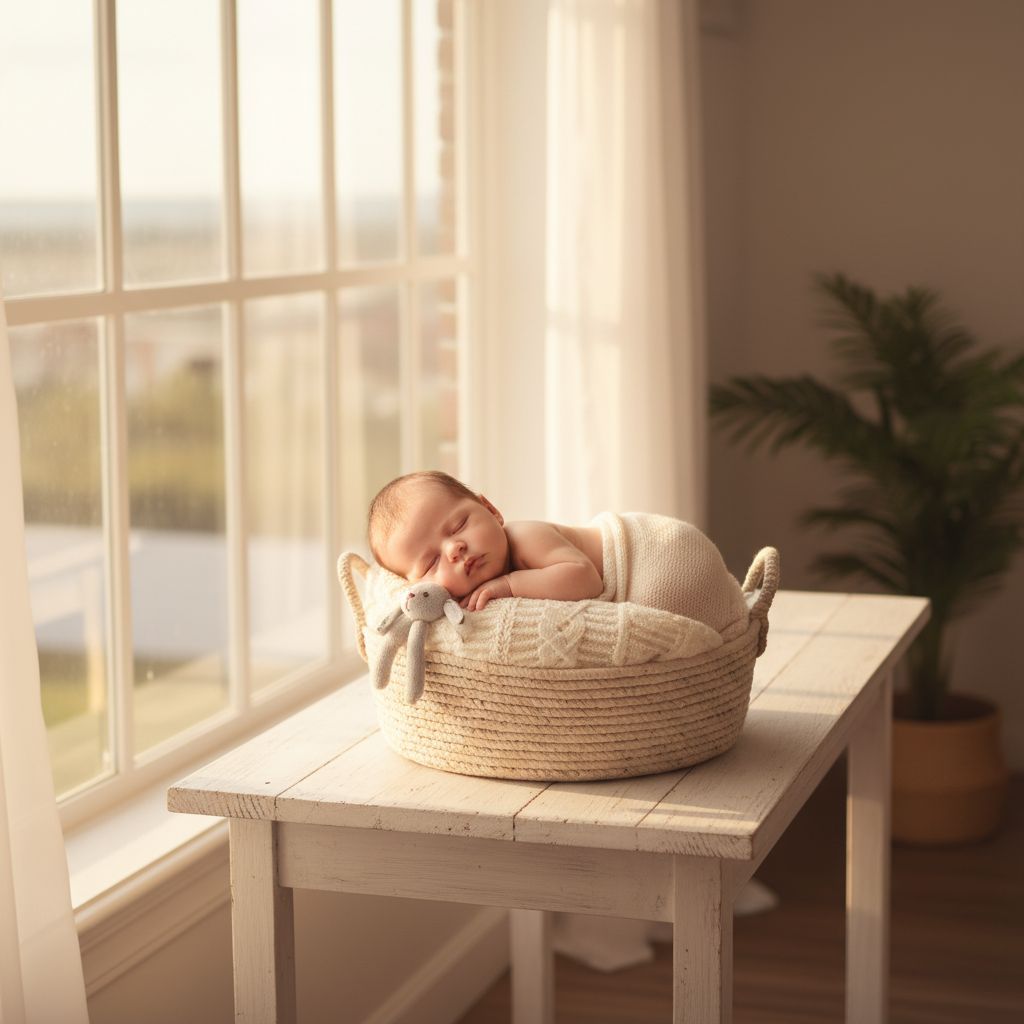 Un bébé nouveau-né endormi paisiblement dans un petit panier, enveloppé dans une couverture douce et neutre, avec un éclairage naturel venant d'une fenêtre.