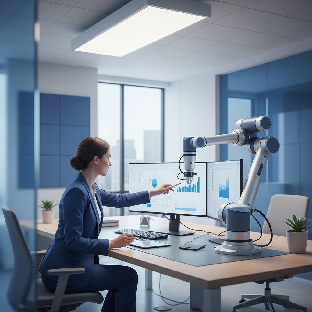 An illustration of a person and a friendly robot working together at a computer, showing how human creativity and AI can team up to design a website.