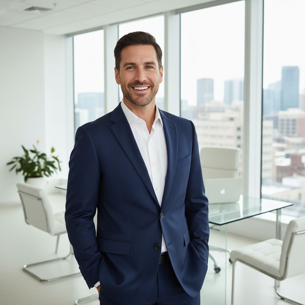 Photo corporate d'un homme d'affaires qui sourit, prise dans un bureau au look moderne.