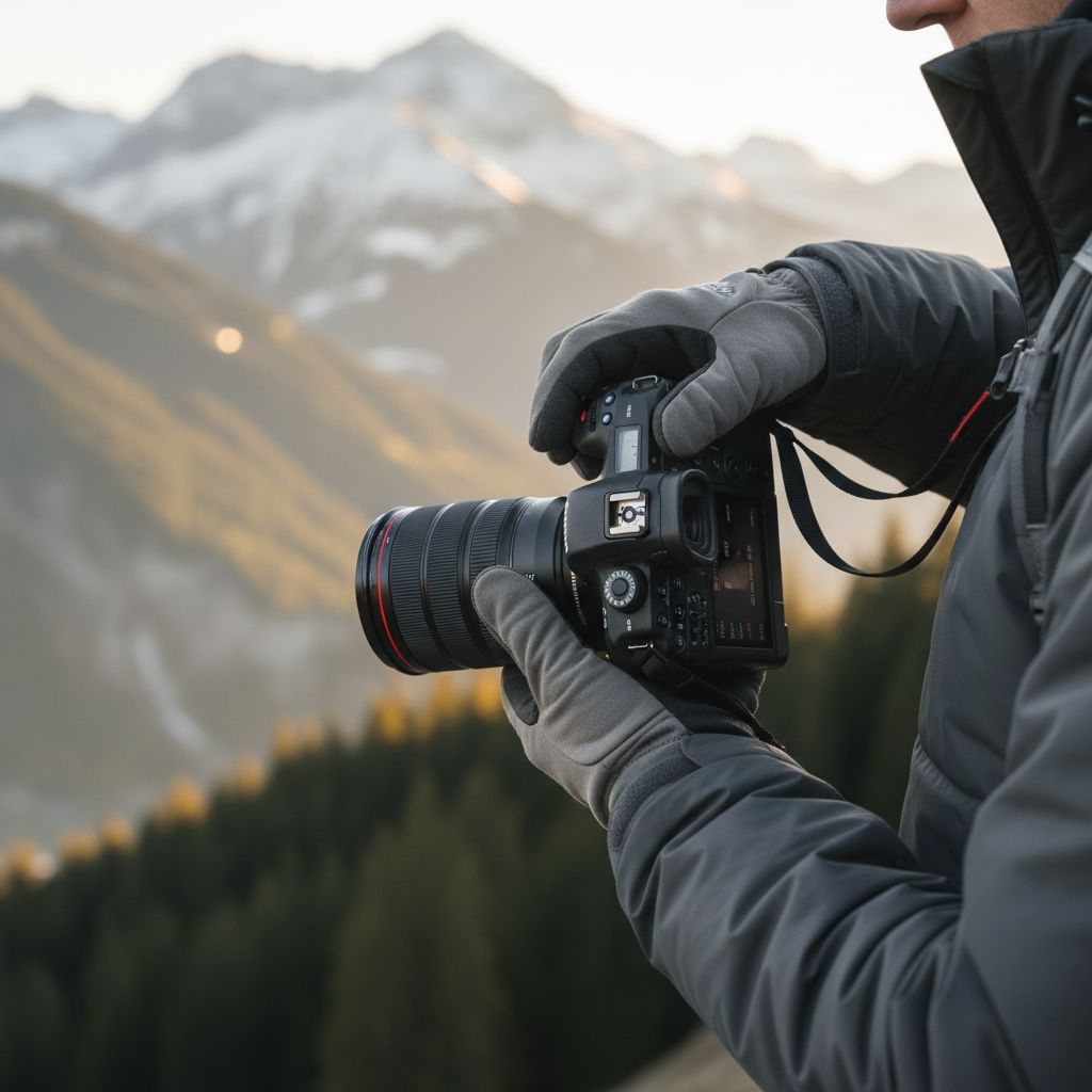Gros plan sur un photographe pro en train de régler son appareil, avec en fond un magnifique paysage suisse tout en flou.