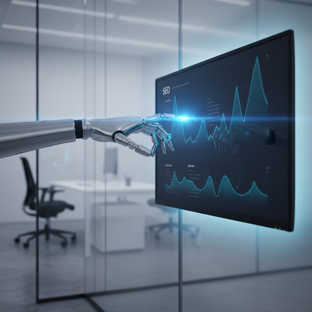 A sleek, modern graphic showing robotic arms interacting with a digital SEO dashboard, symbolizing SEO automation.