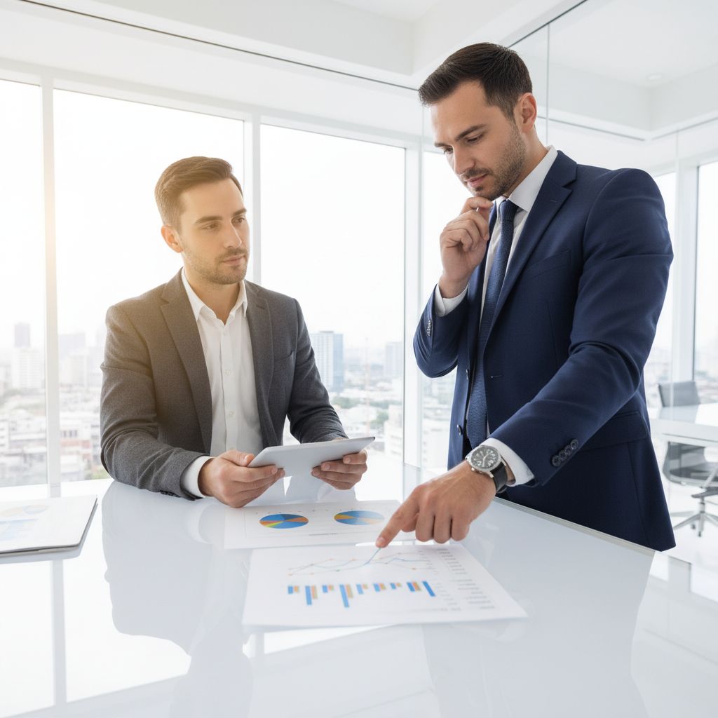 Un entrepreneur suisse examinant des graphiques financiers avec un expert-comptable dans un bureau moderne et lumineux, symbolisant un partenariat stratégique.