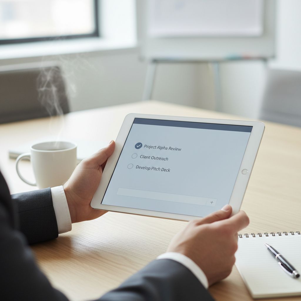 A clean, modern image of a checklist on a tablet, with items like 'Track Time Spent' and 'Measure Lead Conversion', representing the process of tracking ROI.