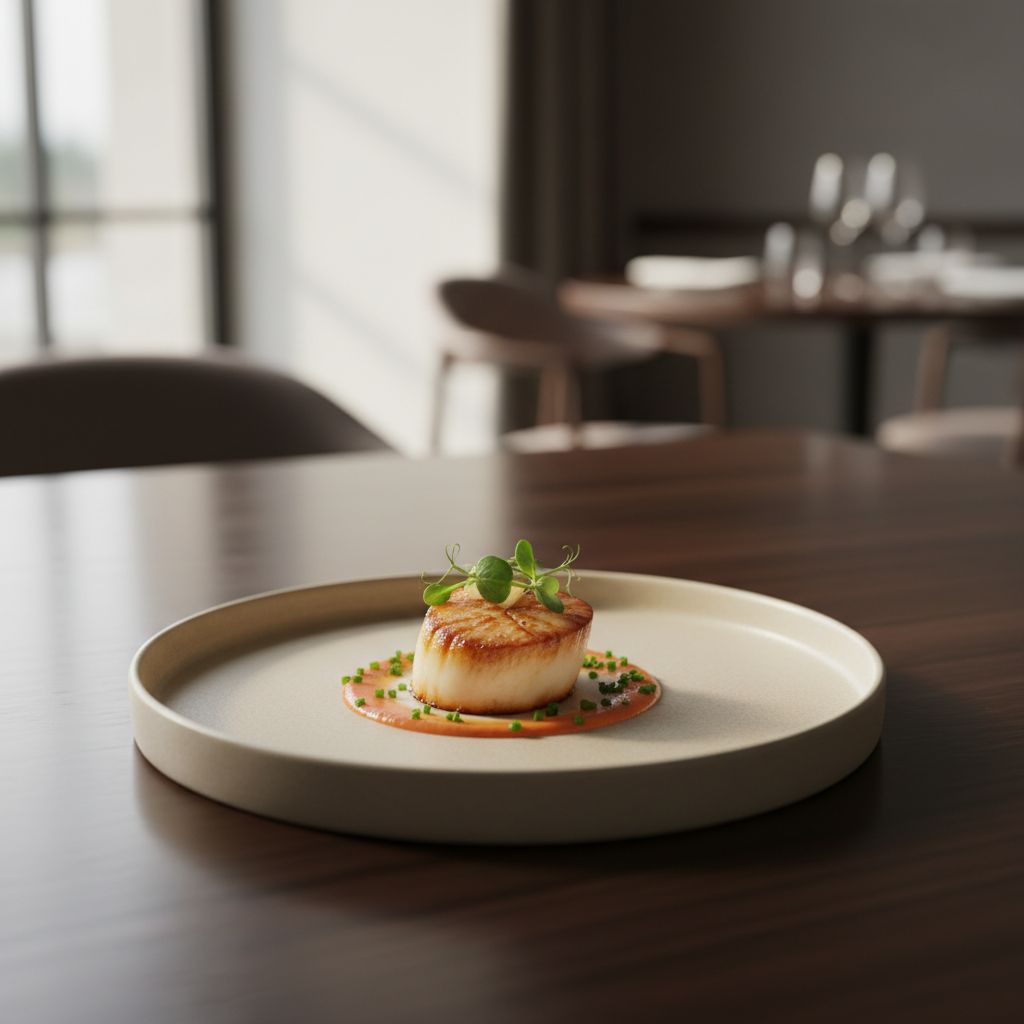 Un plat gastro sublime, posé sur une table en bois sombre dans un resto chic. La lumière douce qui vient de la fenêtre fait tout le charme.
