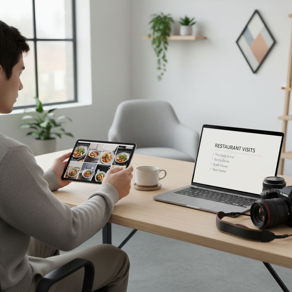 Un schéma simple montrant un photographe examinant un portfolio en ligne, qui mène à une liste de restaurants potentiels, puis à une séance photo réussie.
