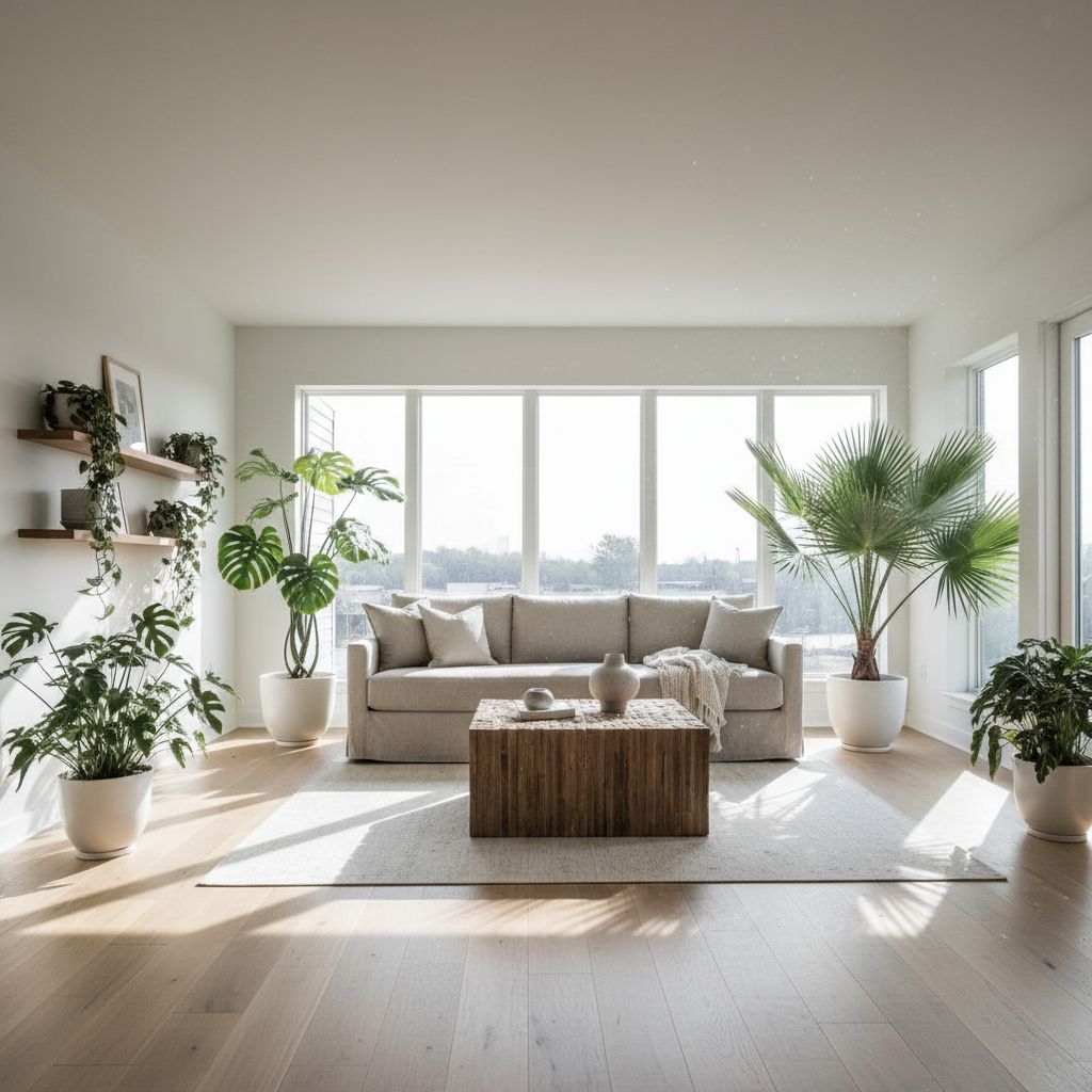 Un salon lumineux avec un canapé en lin beige, une table basse en bois brut et de nombreuses plantes vertes, illustrant la tendance du retour à la nature.
