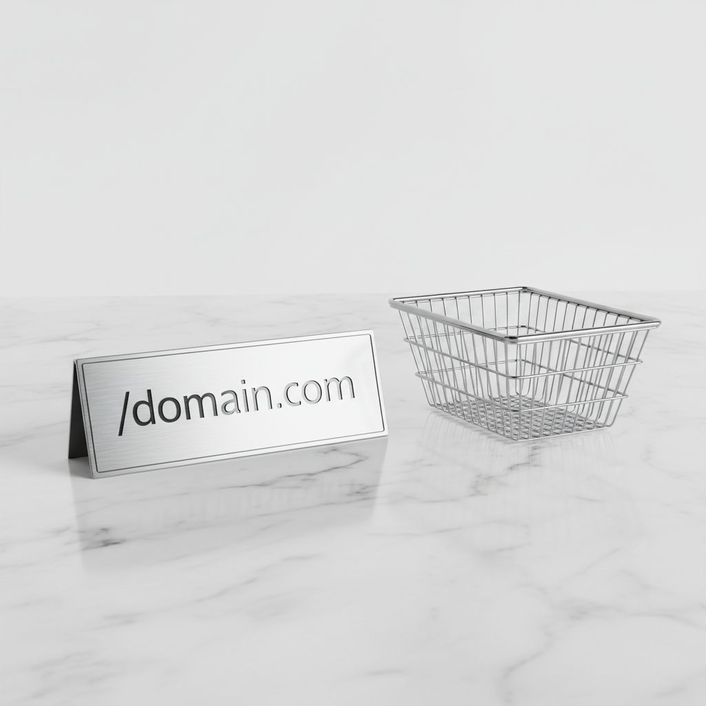 An icon of a domain name tag next to a shopping cart icon, symbolizing the need for a custom domain and e-commerce functionality as upgrade triggers.