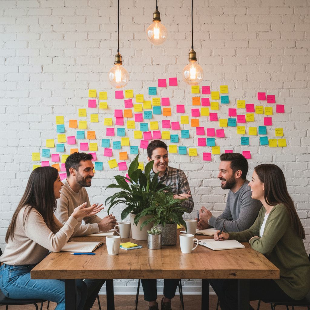 Photo d'une séance de brainstorming dans une petite agence. On y voit des post-its colorés sur un mur, l'ambiance est à la fois créative et proche du client.