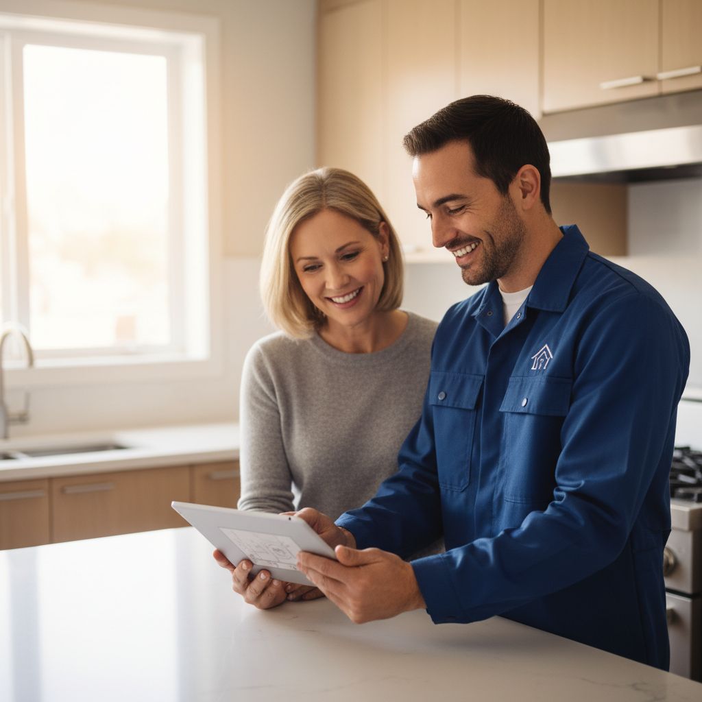 Un technicien Oclaire montre un devis clair à un client, qui a l
