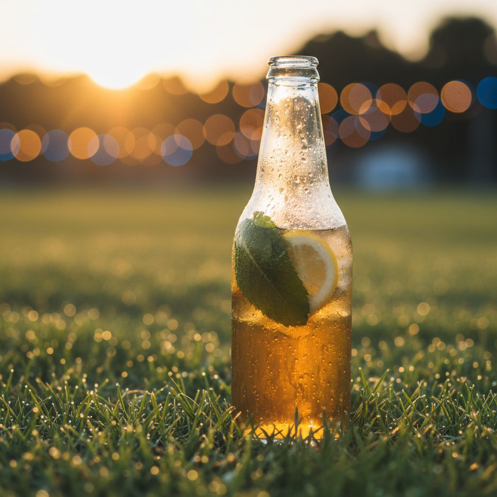 Une bouteille de Grano Maté bien fraîche posée dans l'herbe, avec en fond les lumières du Paléo qui scintillent.