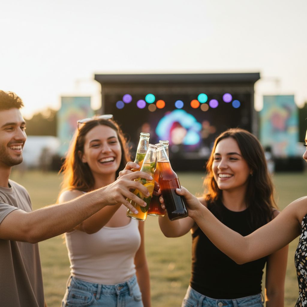 Une bande de potes qui trinquent, le sourire aux lèvres, avec leurs boissons naturelles pendant un festival, avec la scène de concert en fond.