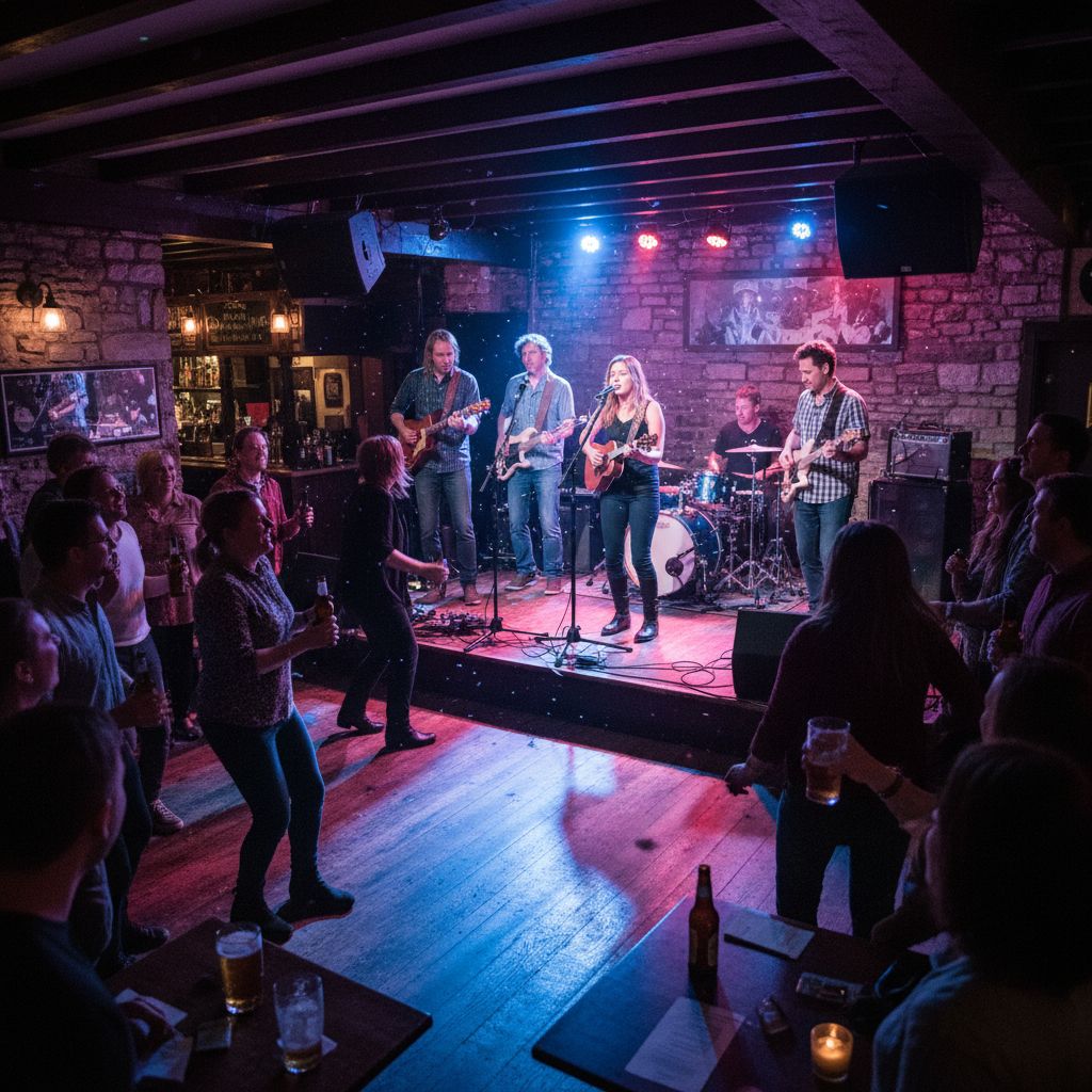 Capture d'une soirée événementielle au Bonanza Pub, comme un concert live ou un karaoké, montrant un petit groupe sur scène et une foule enthousiaste.