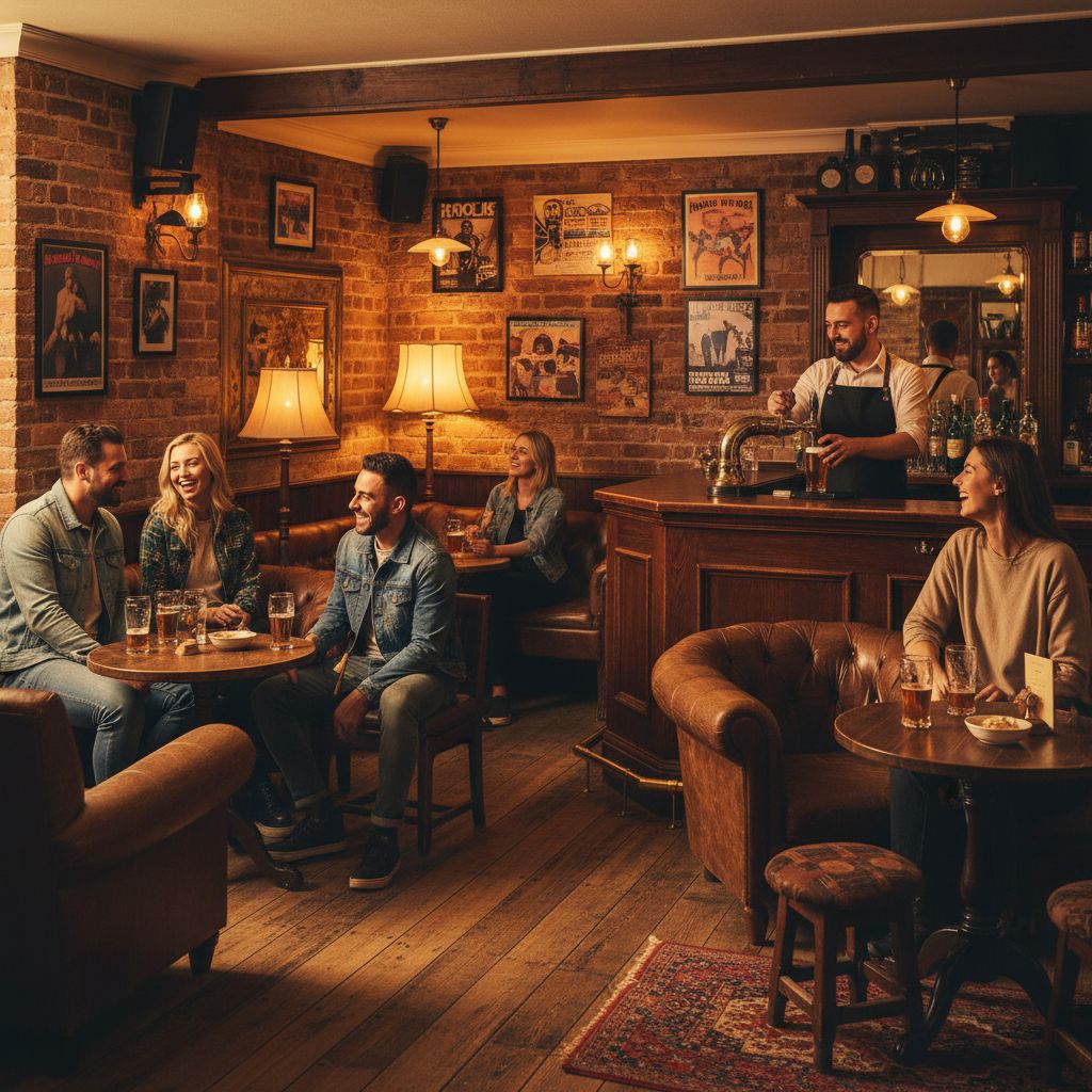 Photo de l'intérieur du Bonanza Pub montrant l'ambiance chaleureuse, avec un éclairage tamisé, des décorations rock et des clients discutant amicalement au bar.