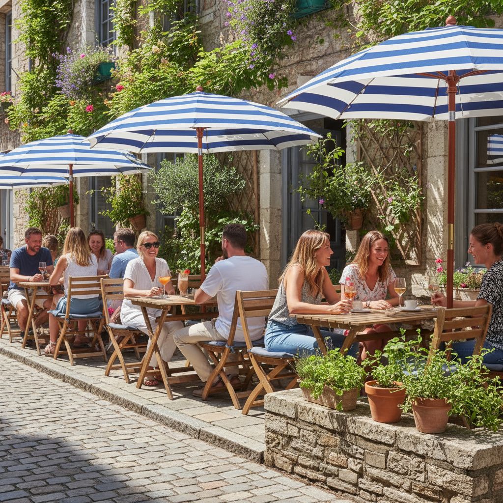 La terrasse ensoleillée et accueillante du Bonanza Pub, avec ses parasols, ses tables et ses chaises, une vraie invitation à la détente.