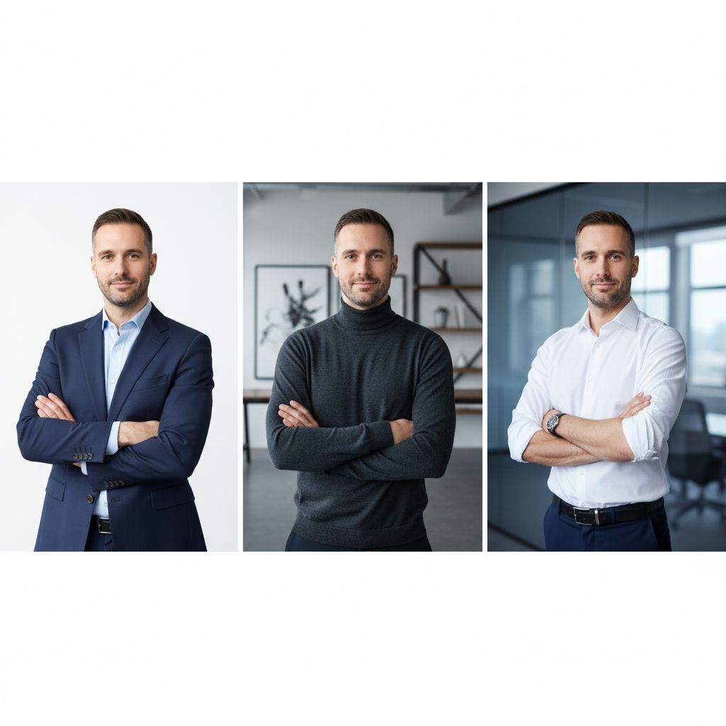 Montage de trois portraits headshot avec des tenues différentes : un look corporate (costume/blazer), un look créatif (col roulé sombre) et un look casual chic (chemise simple).