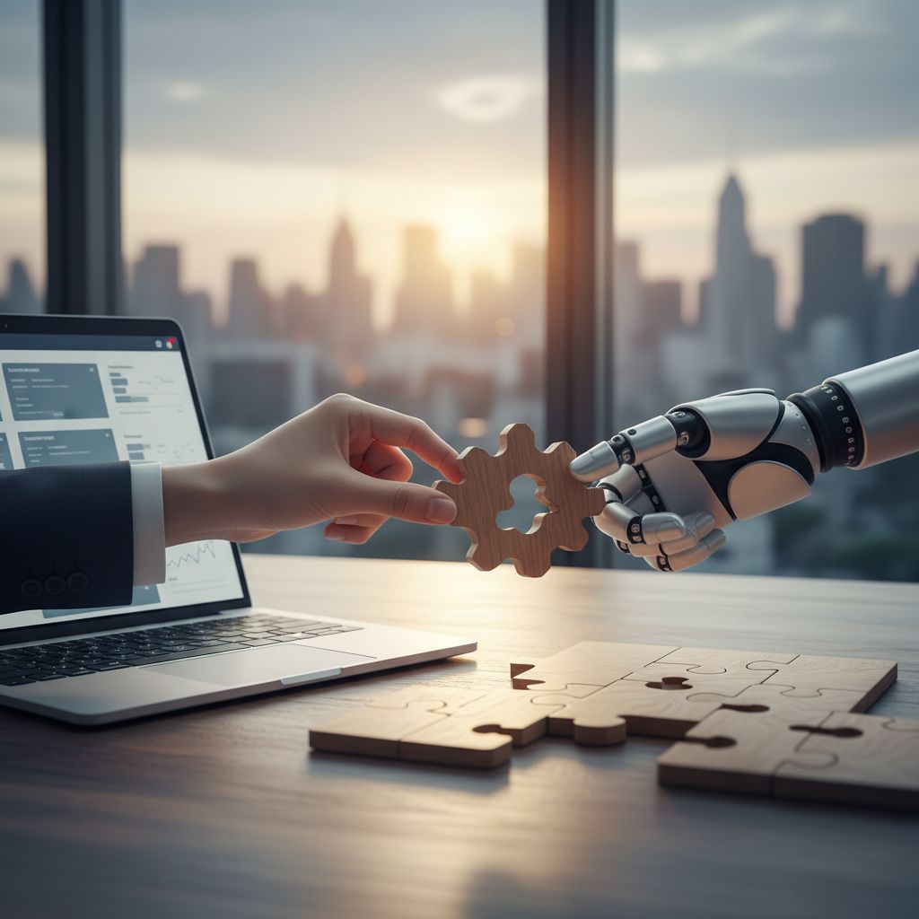 A picture of a human hand and a robot hand working together on a puzzle piece labeled 'Content,' showing how people and AI can team up.