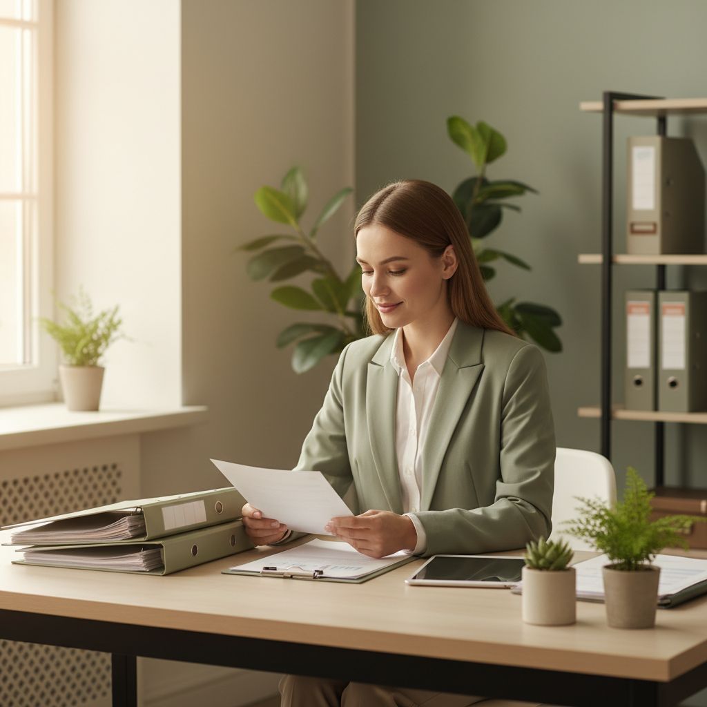 Une image montrant un entrepreneur examinant sereinement des documents financiers à son bureau, symbolisant la tranquillité d'esprit apportée par une bonne gestion TVA.
