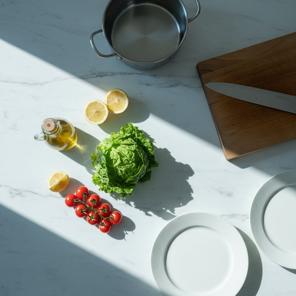 Plan de travail bien rangé avec des ingrédients frais et des ustensiles, prêt pour une cuisine rapide et efficace.