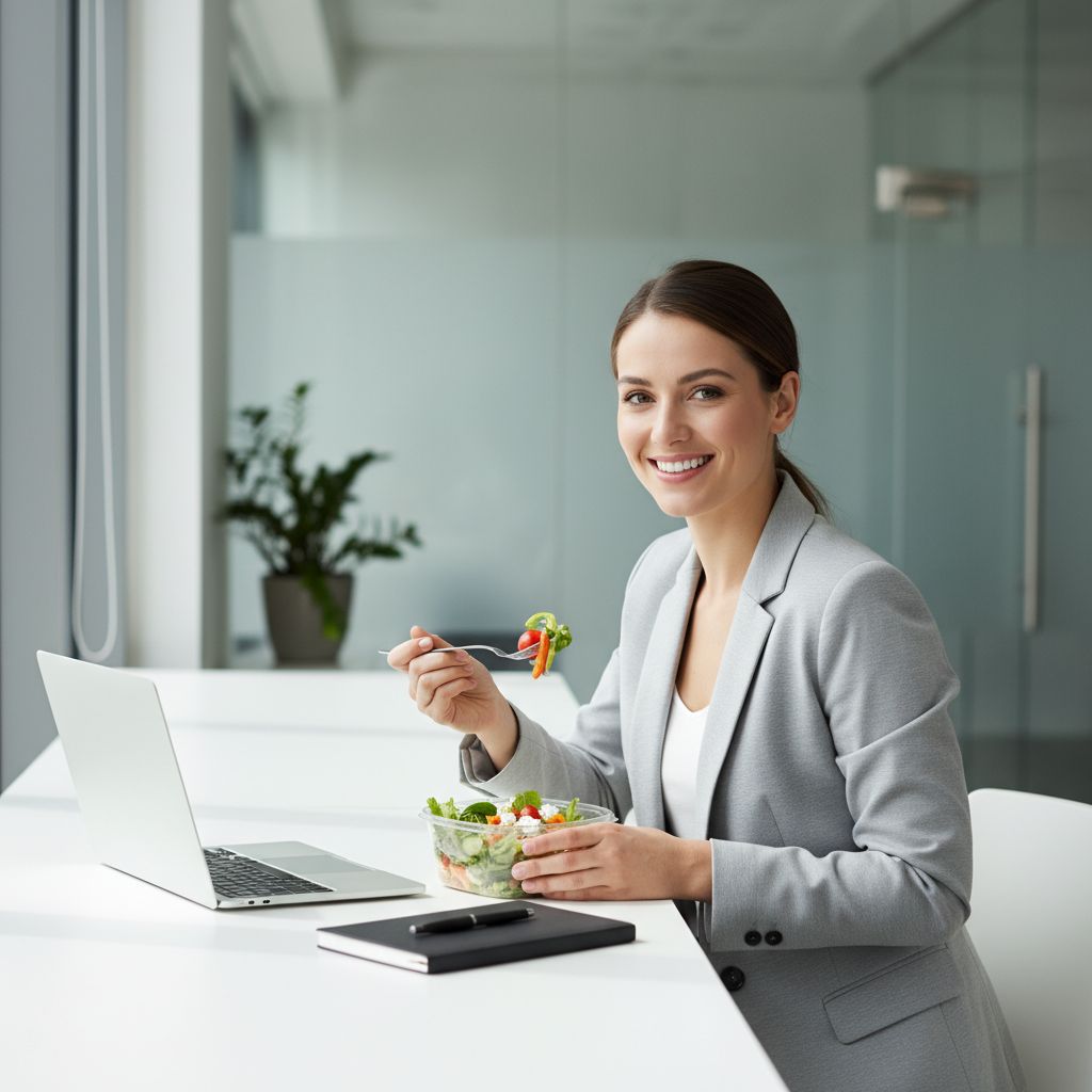 Un professionnel souriant en train de savourer une salade saine à son bureau, montrant l'intégration parfaite d'une alimentation saine dans une journée de travail chargée.