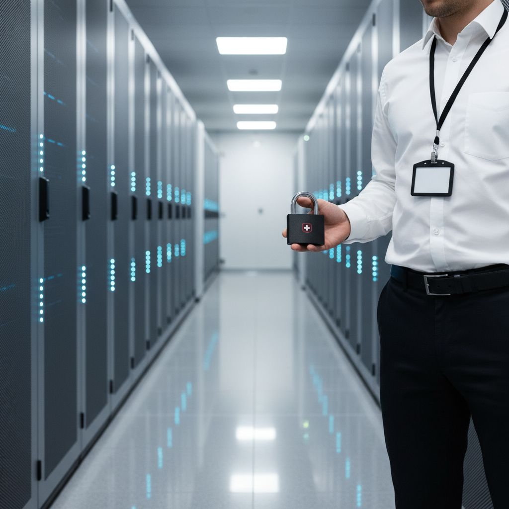 Une image qui parle d'elle-même : une croix suisse sur un cadenas protégeant des flux de données, pour symboliser la sécurité et la conformité 'Swiss Made'.