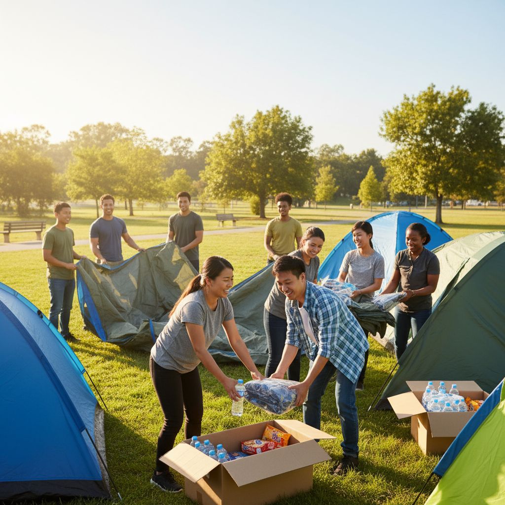 A shot of diverse volunteers having a good time working together at a community event—captures the org's mission in action.
