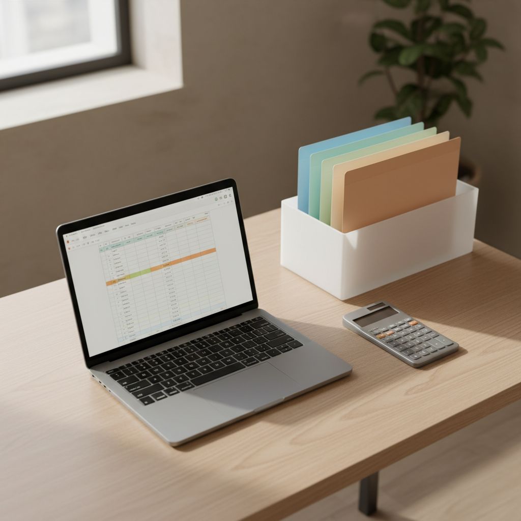 Photo d'un bureau bien organisé avec un ordinateur portable affichant un tableur, des dossiers classés et une calculatrice, symbolisant une gestion simple et ordonnée.