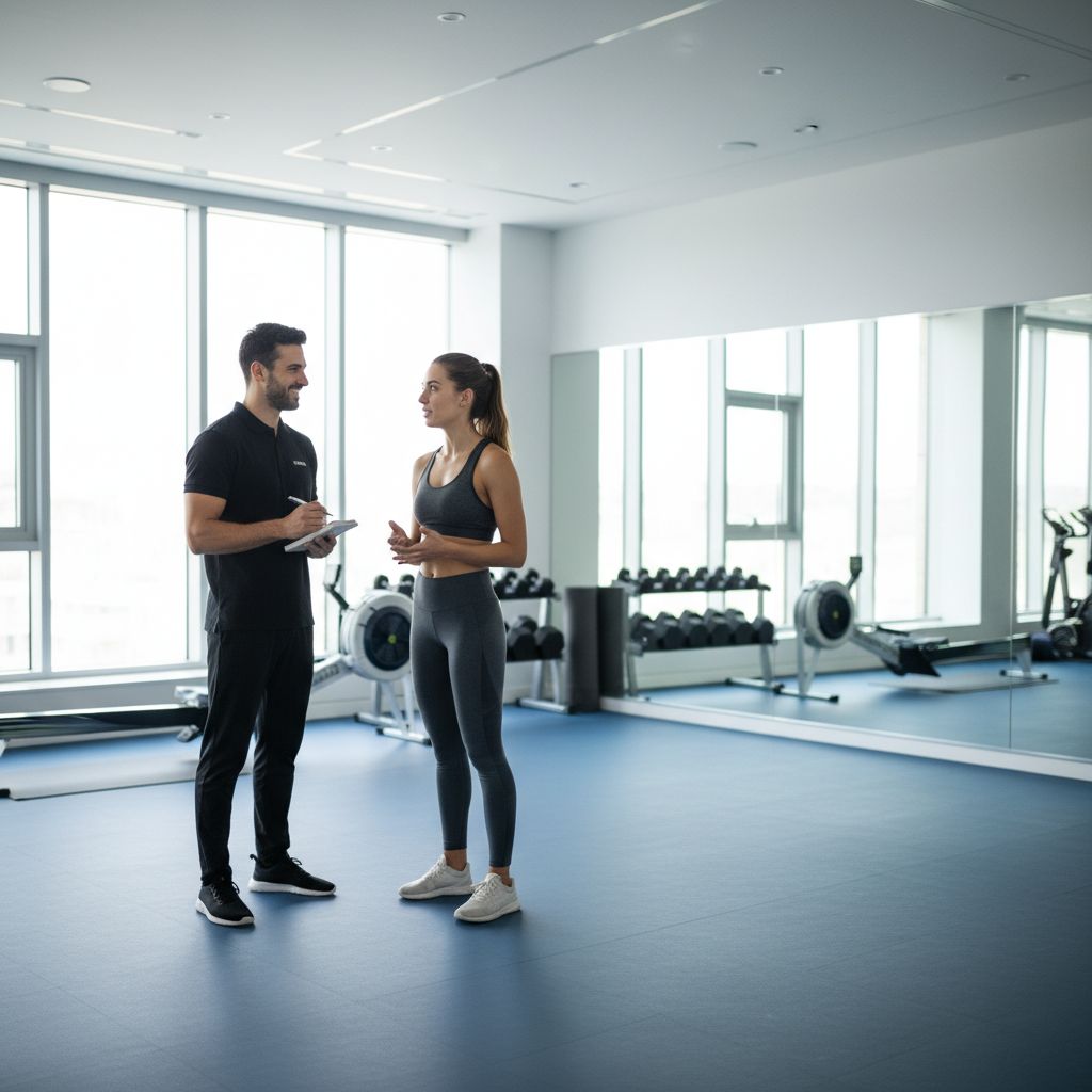Un coach en train de discuter avec un client, prenant des notes sur un carnet, dans une salle de sport privée et lumineuse.