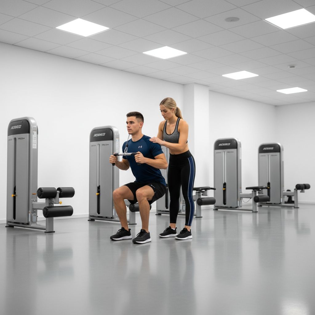 Vue intérieure d'une salle de sport privée, moderne et bien équipée, avec un client qui exécute un exercice sous le regard attentif d'un coach.