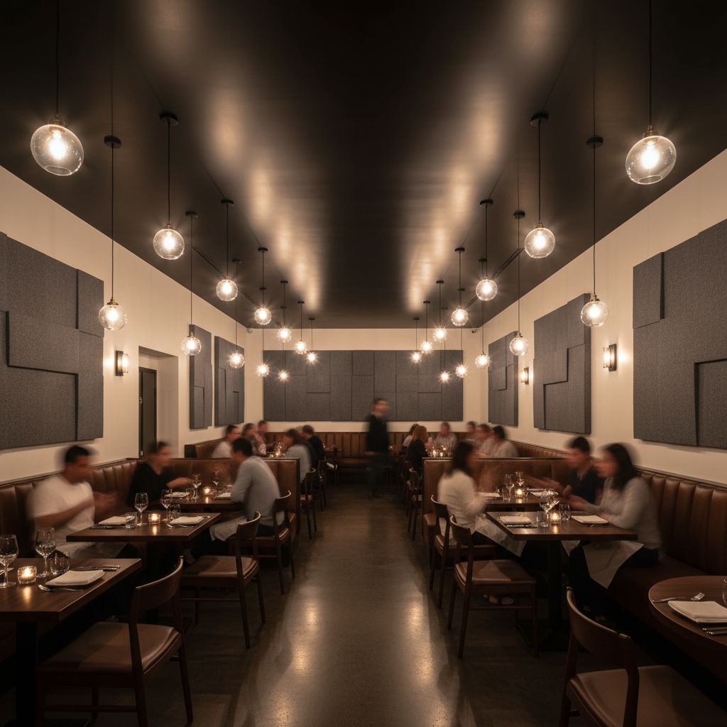 Un restaurant moderne avec un plafond tendu acoustique noir, montrant comment le design peut améliorer le confort sonore. Un restaurant moderne avec un plafond tendu acoustique noir, montrant comment le design peut améliorer le confort sonore.