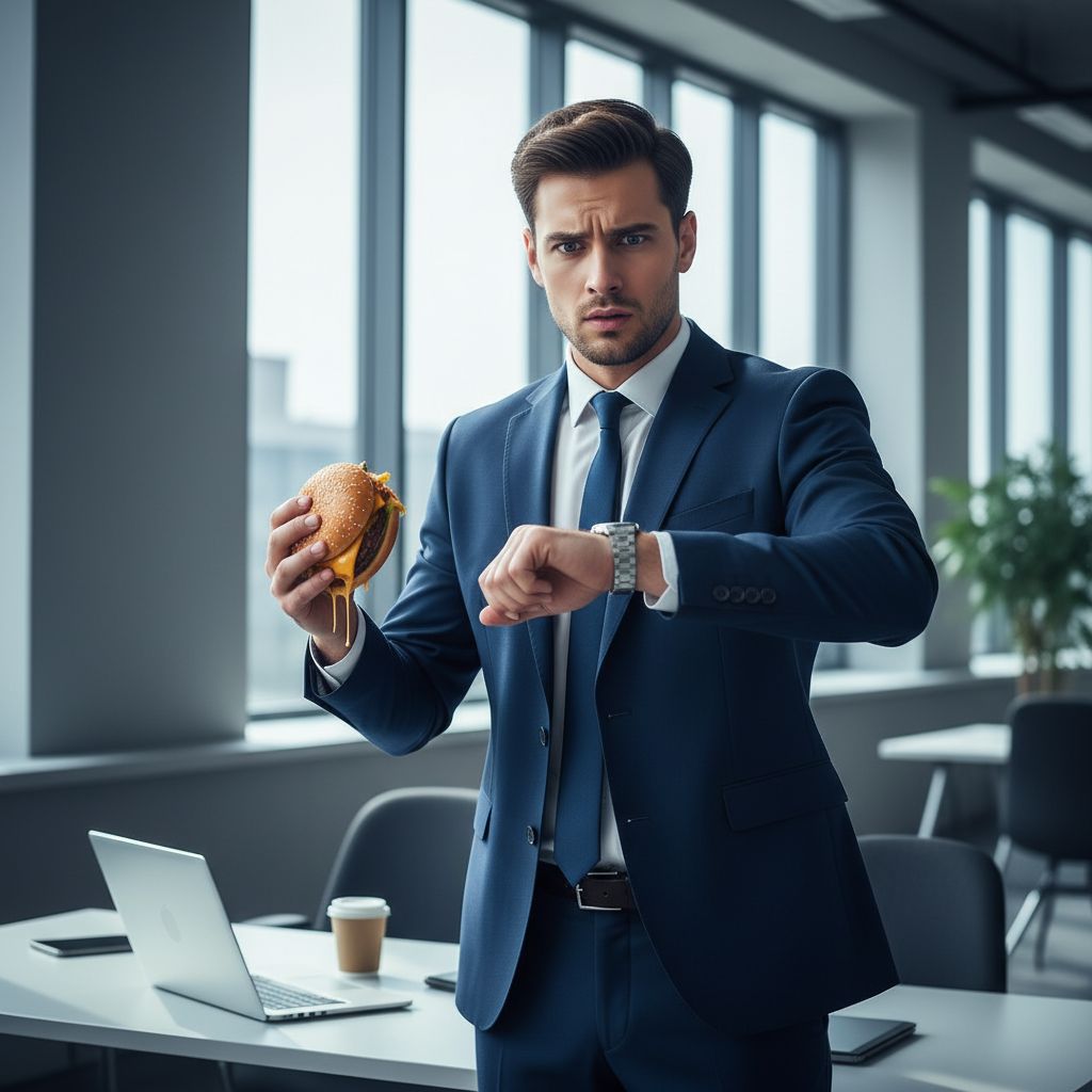Un pro stressé, qui regarde sa montre d'une main et tient un plat rapide pas très sain de l'autre : le grand dilemme du temps contre la santé.