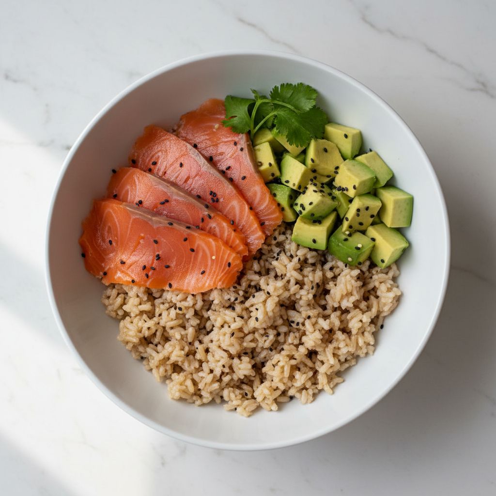 Une photo appétissante d'un bol de riz complet avec du saumon fumé, de l'avocat et des graines de sésame, joliment présenté.