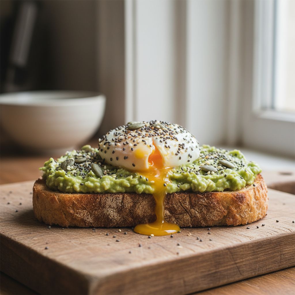 Un toast à l'avocat parfaitement réalisé avec un œuf poché au jaune coulant et des graines saupoudrées dessus.