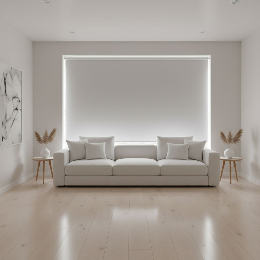 Un salon moderne et épuré avec un store enrouleur gris occultant parfaitement intégré à la fenêtre, montrant son aspect minimaliste.
