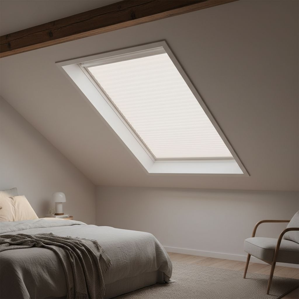 Un store plissé blanc qui épouse parfaitement une fenêtre de toit en pente, laissant passer une lumière toute douce.