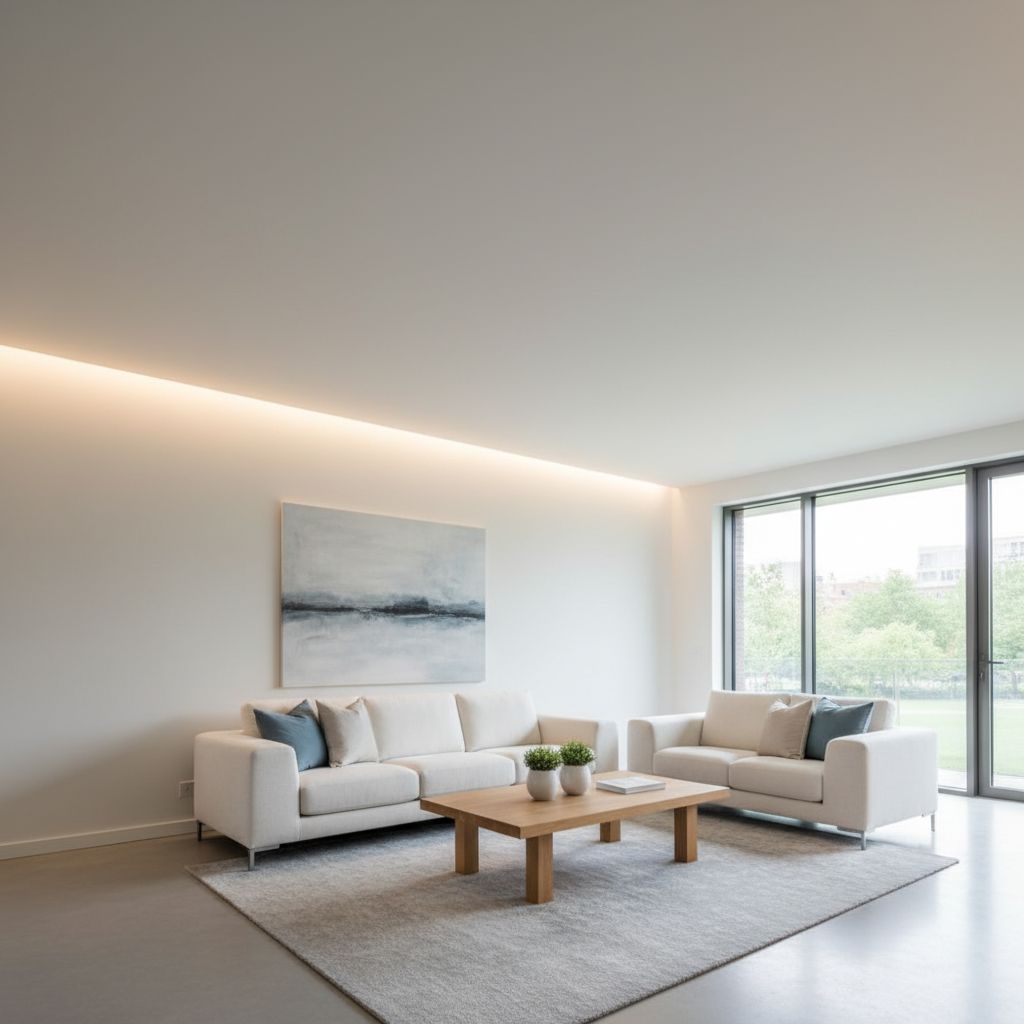 Un salon moderne où le plafond tendu lumineux à LED crée une atmosphère douce et parfaitement homogène, sans aucune zone d'ombre.