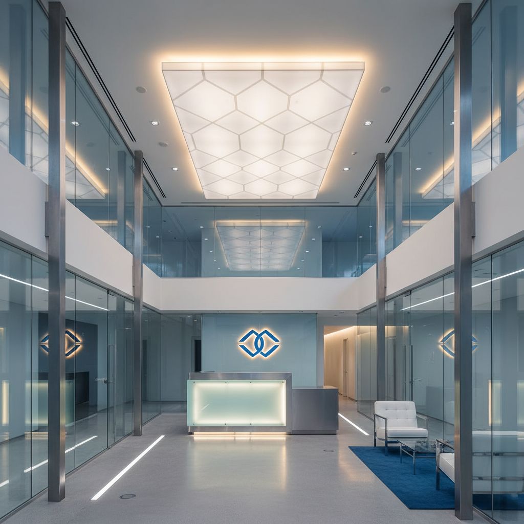 Le hall d'accueil d'une entreprise avec un plafond tendu lumineux graphique. Le logo de l'entreprise, subtilement mis en lumière par le plafond, capte le regard et donne une touche pro et design dès l'entrée.