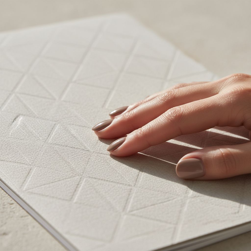 Gros plan sur une main qui caresse une brochure ou une invitation chic. On sent presque la texture du papier, c'est ça l'idée : le tactile.