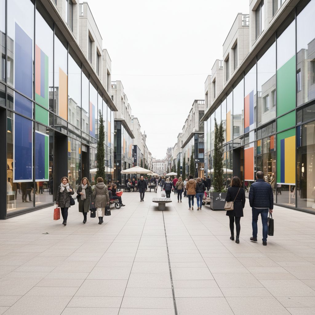 Photographie animée d'une rue commerçante ou d'un centre commercial dans une ville du canton de Vaud, comme Lausanne ou Montreux, avec des affiches publicitaires clairement visibles en arrière-plan.